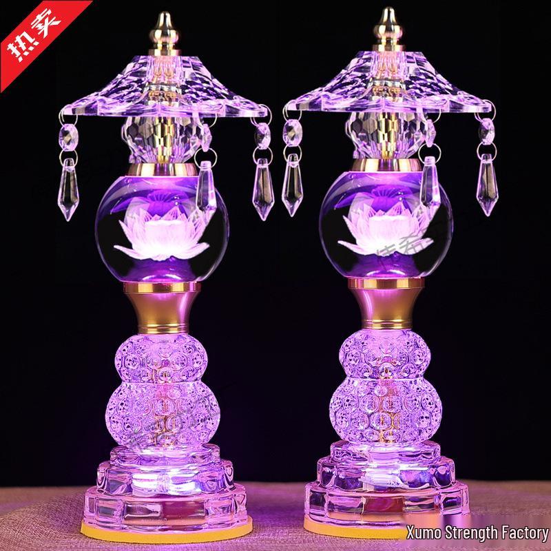 Buddha Altar Seven-Color Crystal Lotus Lamp, Plug-in Pair for Year of the Horse
