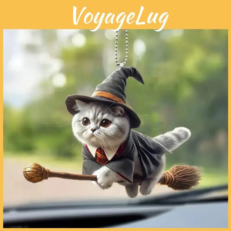 Acrylic Flat Surface Pendant With Magical Cat Riding Broom Design For Decor