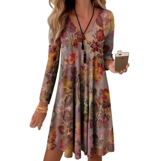 Frauen Frühling Herbst Kleid V-ausschnitt Blume Drucken Neunte Hülse Lose Retro Farbverlauf Über Knie Länge Mini Kleid