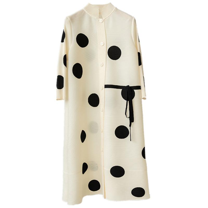 Stand Collar Pleated Dress 2023 Autumn Single Breasted Drawstring Dot Printing Festival Clothing Women Elegant