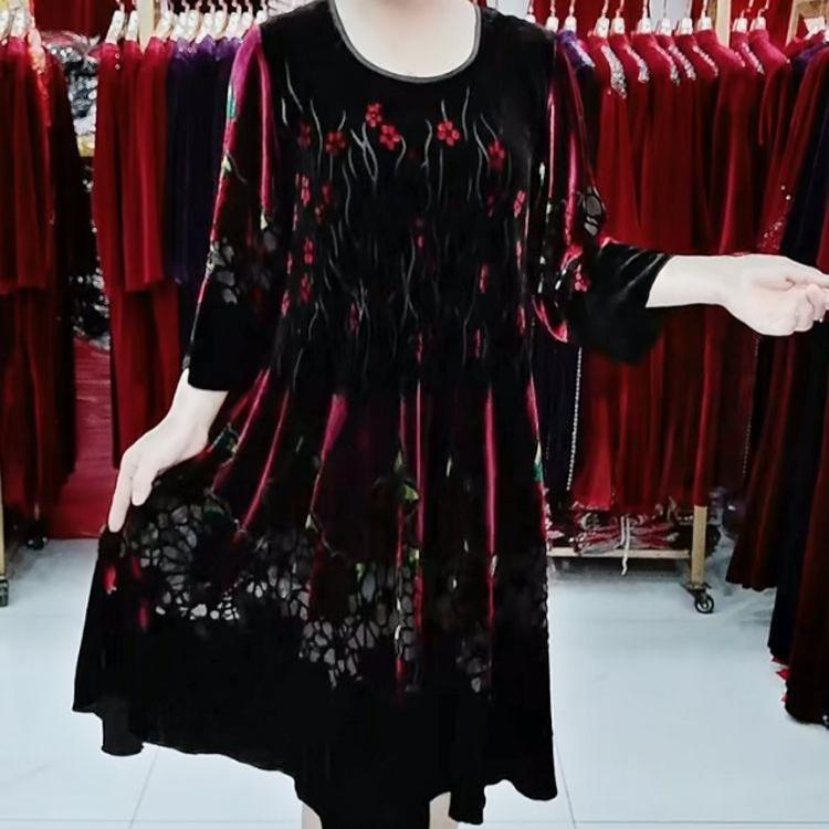 100% Silk Dress for Women Loose Jacquard A-Line Flocked Dress Vintage Soft Skin-Friendly Printed Velvet Dress Spring and Summer