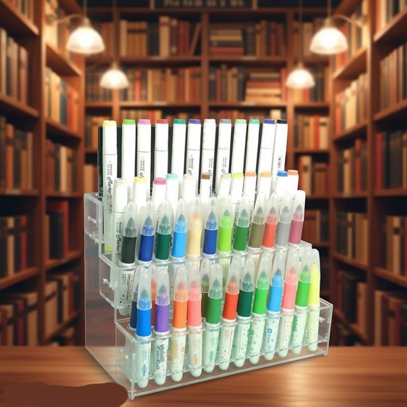 Acrylic Transparent Pen Holder: Large Capacity Desktop Organizer Stand for Stationery Storage and Display.