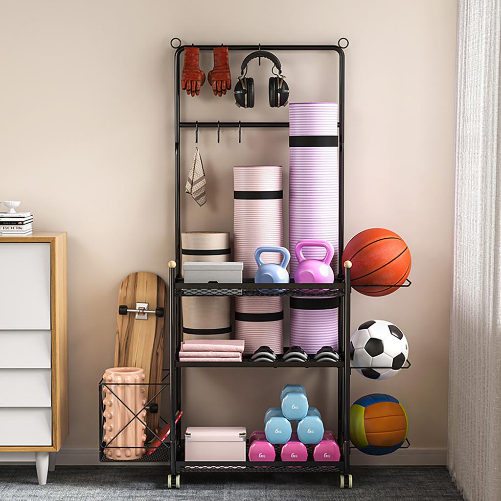 Yoga Mat Storage Rack Carbon Steel Home Gym Storage Rack Organizer with 360 Degree Wheels Black