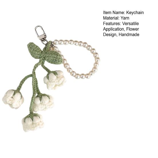 Crochet Flower Keychain Handmade Flower Fruit Bag Charm Cute Keychain Pendant with Faux Pearl Chain Accessory for Girls Women Keys Backpack