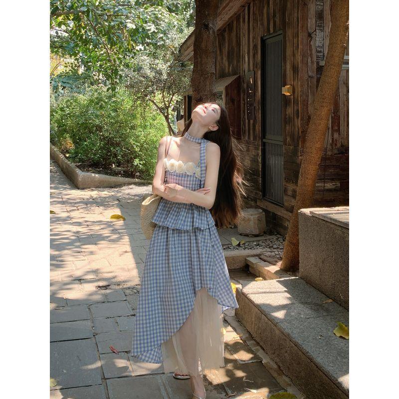 Kumikumi Sweet Style Three-Dimensional Flowers Cami Women Summer High Waist Mesh Patchwork Skirt Two-piece Set