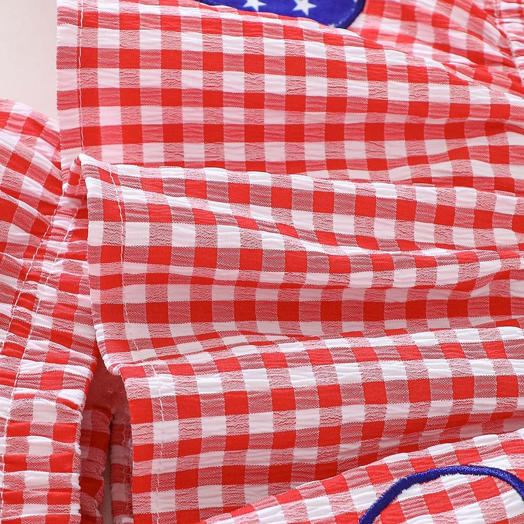 Hot Selling Patriotic Infant Girls Clothing Set Star Bow Fly Sleeve Top Plaid Shorts 2 Piece Outfit With Heart Embroidery For 0 3 Years Old Daily Wear