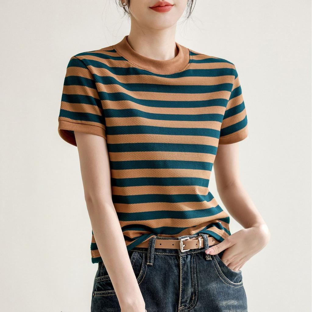 Niche Round Neck Textured Contrast Striped Short-sleeved T-shirt for Women 2024 Spring and Summer New Design Top