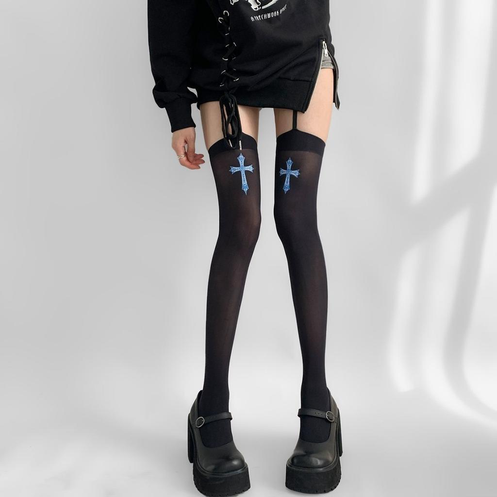 Japanese Subculture Personality Abi Stockings Suspenders Integrated Knee Socks Jk Cute Print Sexy Stockings Black
