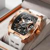 Luminous Skeleton Self Winding Mechanical Watches for Men Tonneau Shape Waterproof Sports Watch Rubber Strap