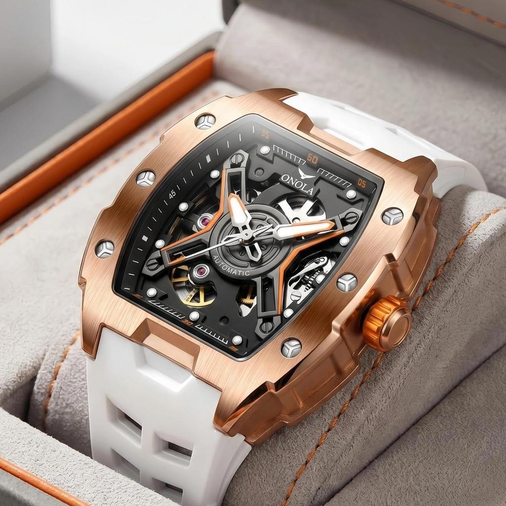 Luminous Skeleton Self Winding Mechanical Watches for Men Tonneau Shape Waterproof Sports Watch Rubber Strap