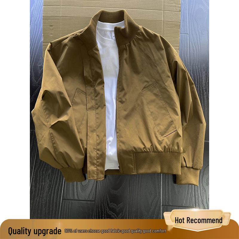 Men s Brown Stand-Up Collar Bomber Jacket - Autumn Short High Street Baseball Style by Meilade M 100-115 lbs
