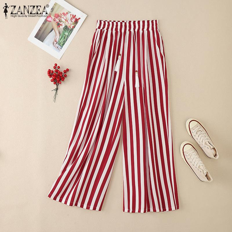 ZANZEA Women Casual Elastic Waist Loose Stripe Print Pants