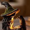 Unique Resin Craft Gifts Luminous Witch & Raven Figurine with Mossy Tree Texture, Gothic Durable Weather Resistant Ornament Statue LED Light