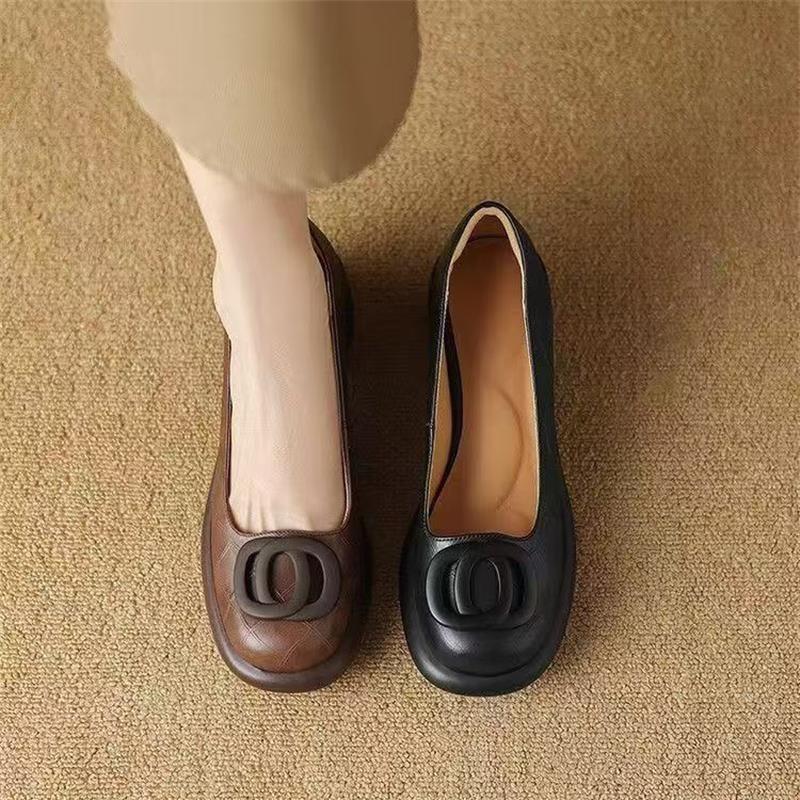 Spring Round Buckle Thick Heel Small Leather Shoes Women's High Heel Waterproof Table Brown Retro Lazy Single Shoes Casual Versatile