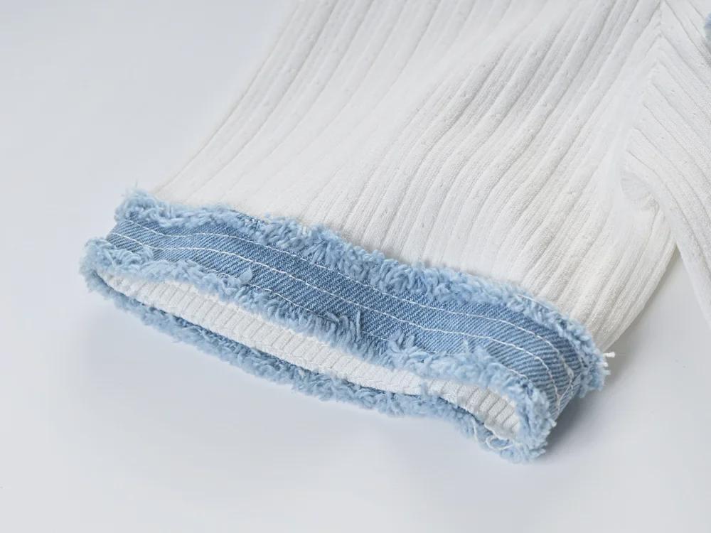 Elegantní francouzské pletené džínové svetrové šaty s krátkým rukávem