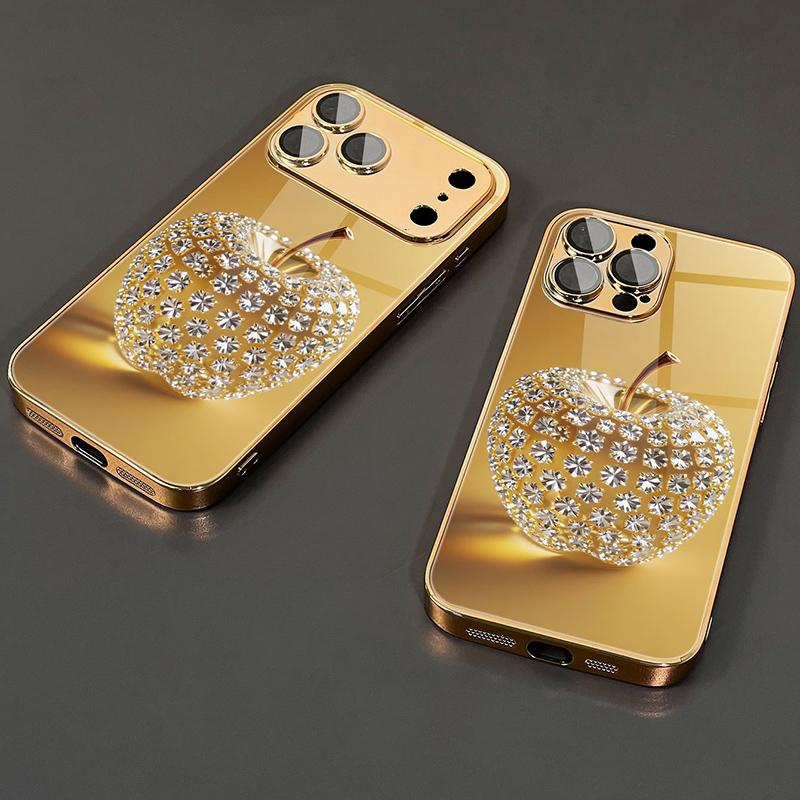 Diamond Gold Apple Pattern Gold Metallic Paint Glass Phone Case For iPhone 17 Pro Max 11 12 13 14 15 16 Plus 17 Air 16E Cover
