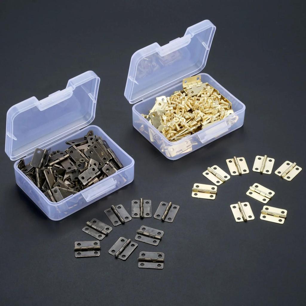 50pcs/box Hinges + 200 Screws Iron Golden/Antique Bronze 4 Holes Durable Furniture Hardware 16*13mm Mini Rounded Hinge Decor