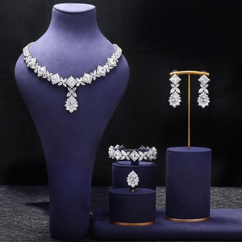 Copper Zircon Necklace Earrings Luxury Sparkle Colored Gemstones Bridal Wedding Dress Party Accessories Bracelet