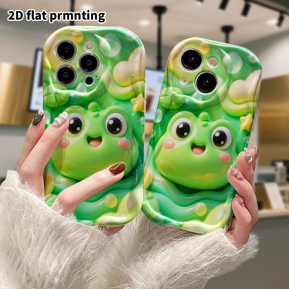 Phone Case: 2D flat design suitable for iPhone 18 17 16 15 14 13 Pro protective case, green little frog head, perfect Christmas and Halloween holiday