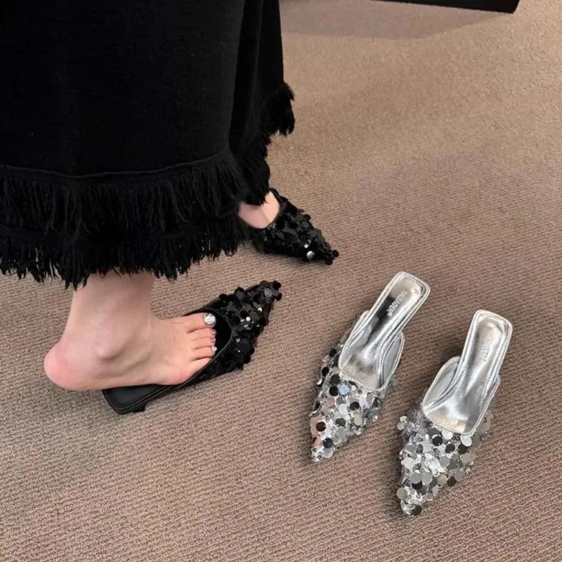 Fashion 2025 Thin Heel Bling Sexy Women Slippers Mules Shoes Dress Party Sandals Summer Flip Flops Casual Walking