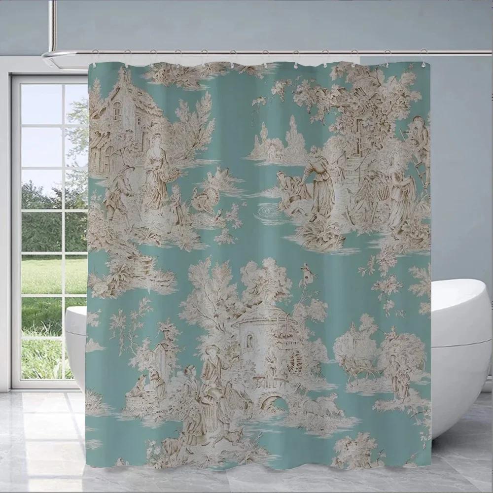 Rustic Countryside Toile Print Water-Resistant And Mildew-Resistant Shower Curtain With Classic Design For Bathroom Decor
