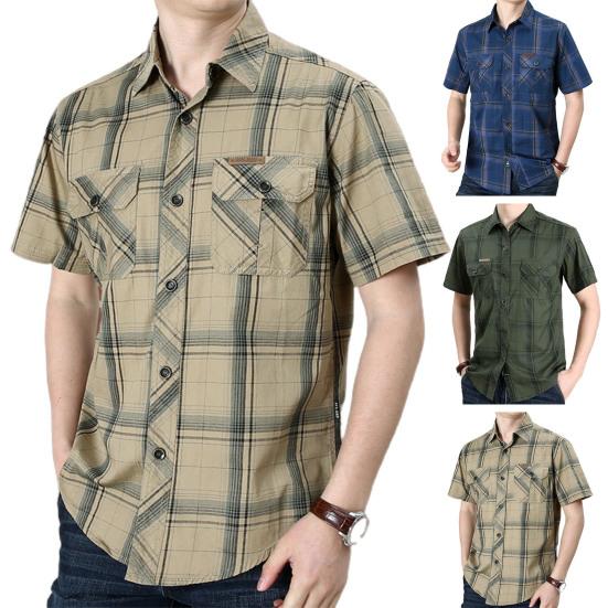 Cămașă bărbați în carouri buzunare de vară Cămașă cu guler răsturnat pentru birou