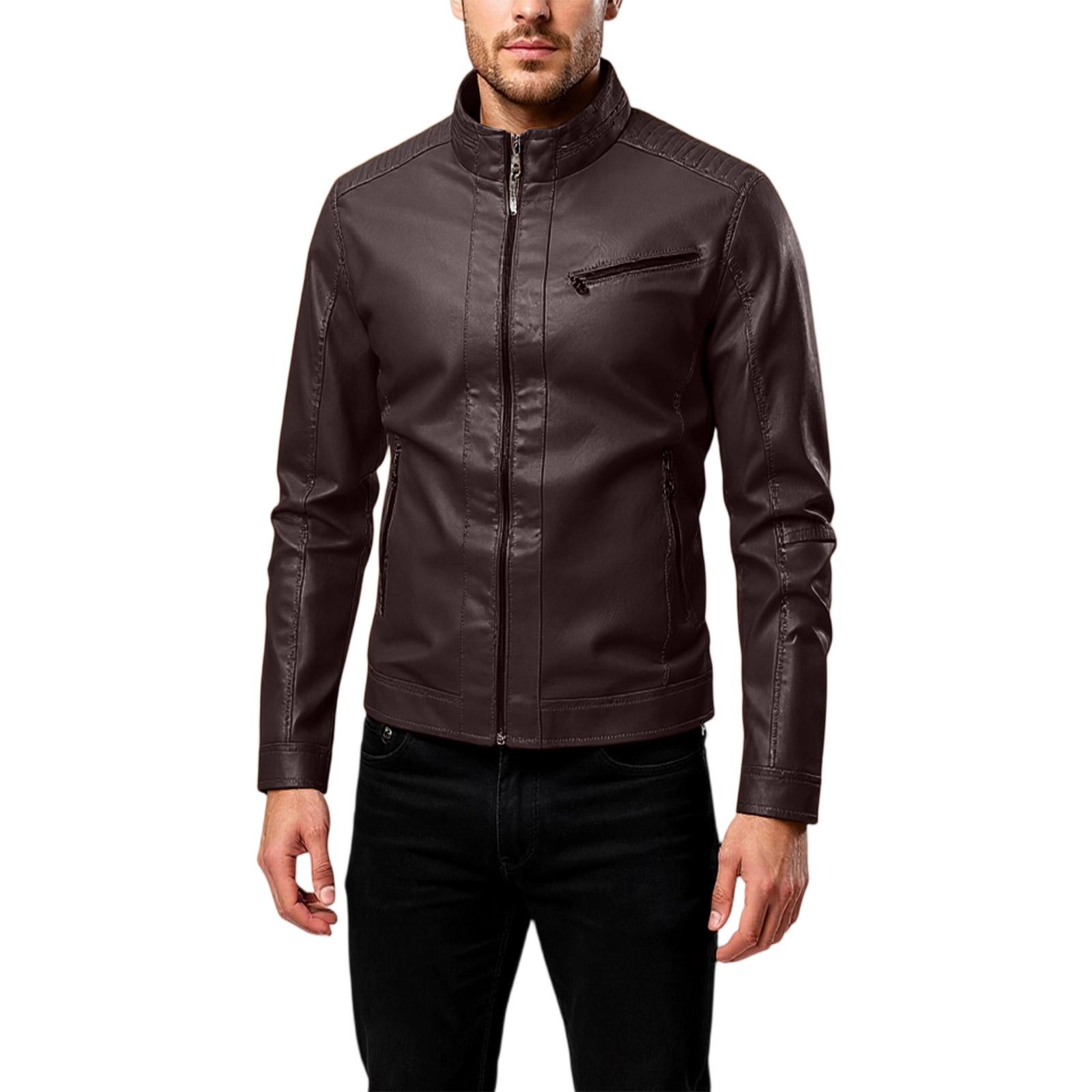 

Men s Leisure Standing Collar Thin Style Locomotive Leather Jacket Jacket Coat L кофейный