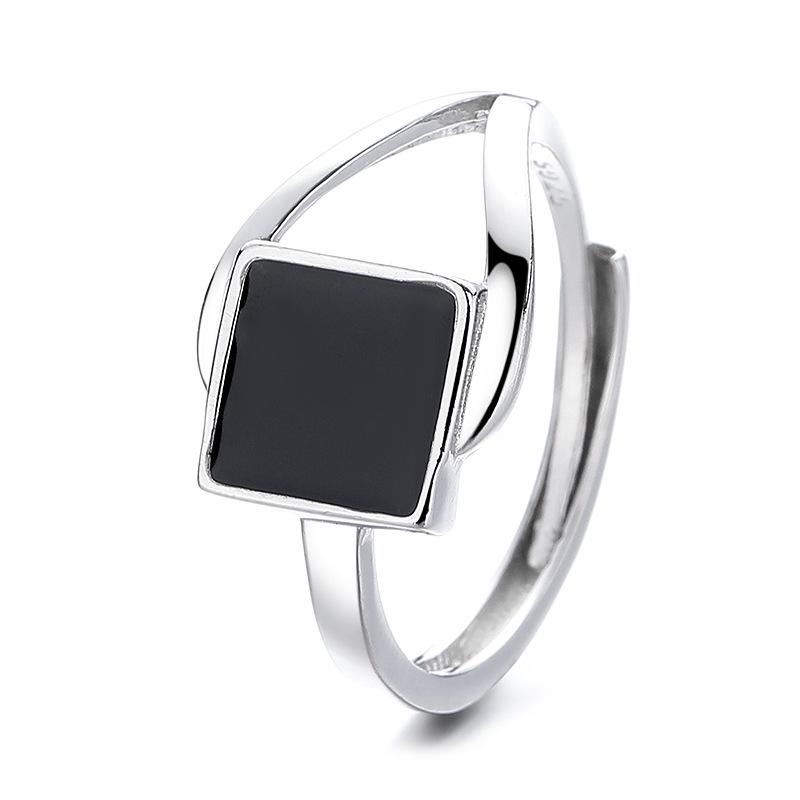 925 Sterling Silver Black Square Ring - Women's Retro Niche Design, Cool Style, Open Adjustable for Index Finger
