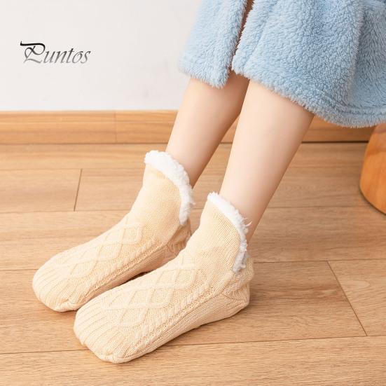 1 Pair Winter Floor Socks Thick Plush Knitted Heat Retention Anti-slip Silicone Sole V-Shaped Ribs Warm Daily Home Wear Bedroom Socks