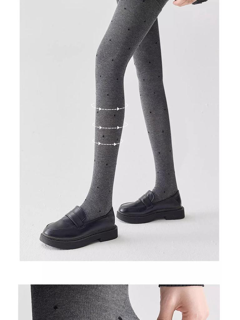 Women's Gray Polka Dot Fleece-Lined Leggings - Autumn/Winter Slimming Vertical Stripe Thickened Pantyhose