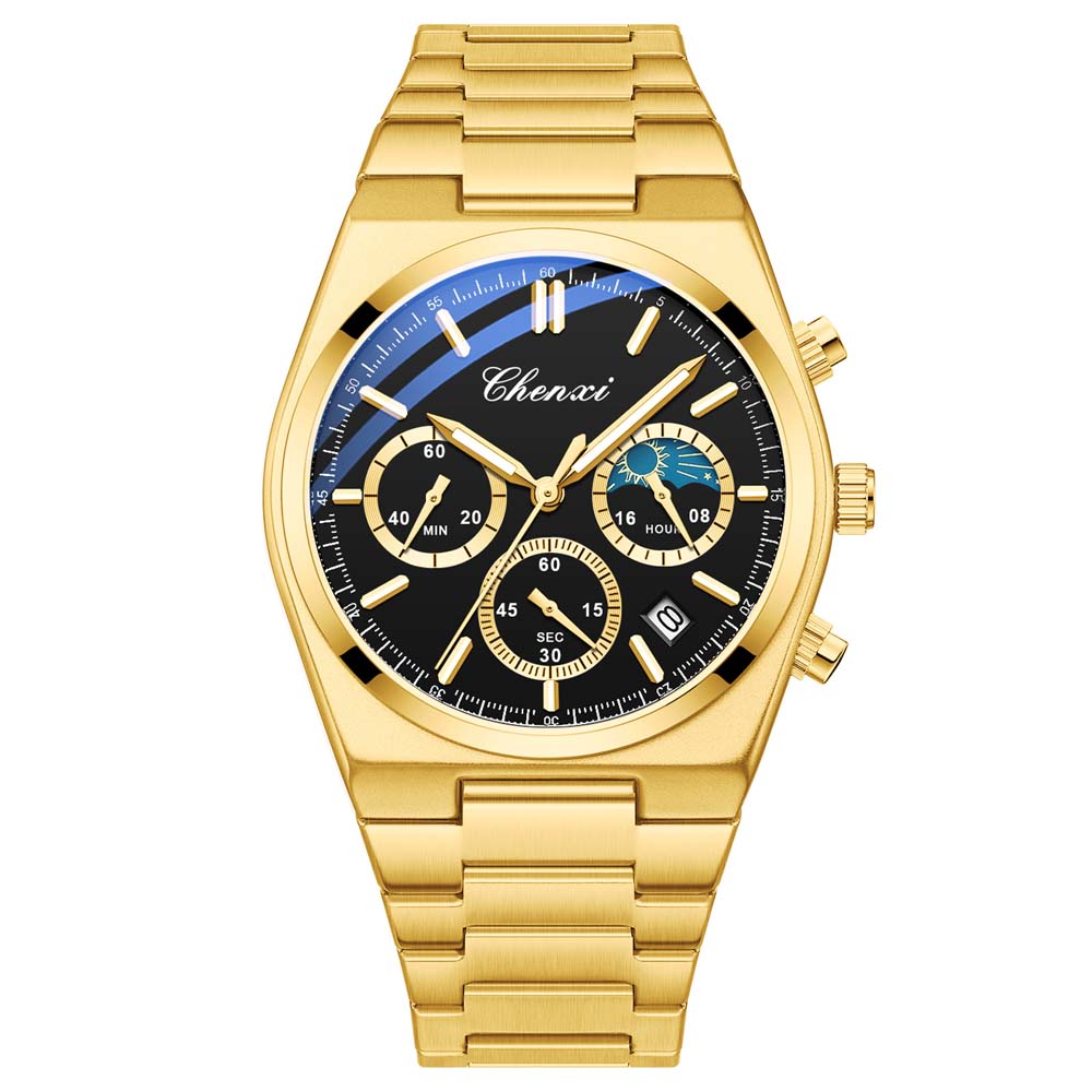 CHENXI Men's Multifunctional Wristwatch Calendar Moon Phase Chronograph Stylish Luminous Waterproof Men's Quartz Watch