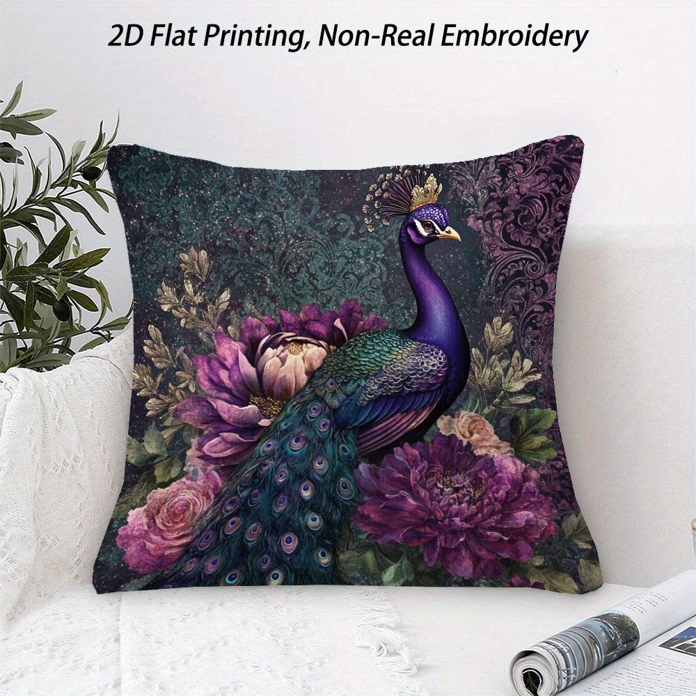 Panika Chen Unisex Purple 1Pc Vintage Peacock & Peony Flower Pillow Cover, Polyester 2D Double-Sided Print, Rich Teal & Floral Art Cushion, Nature