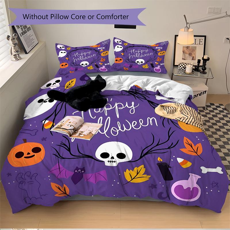 3-teiliges Bettwäsche-Set mit niedlichem Kürbis-, Geister- und Totenkopfmuster für ein fröhliches Halloween (1 Kissenbezug + 2 Kissenbezüge, ohne Füllung), Dieses bedruckte Bettwäsche S