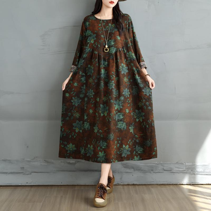 Dimanaf 2025 Dame Pluss Størrelse Vår Lang Kjole Løs Basic Trykk Vintage Casual Blomstret Oversize Langermet Maxi