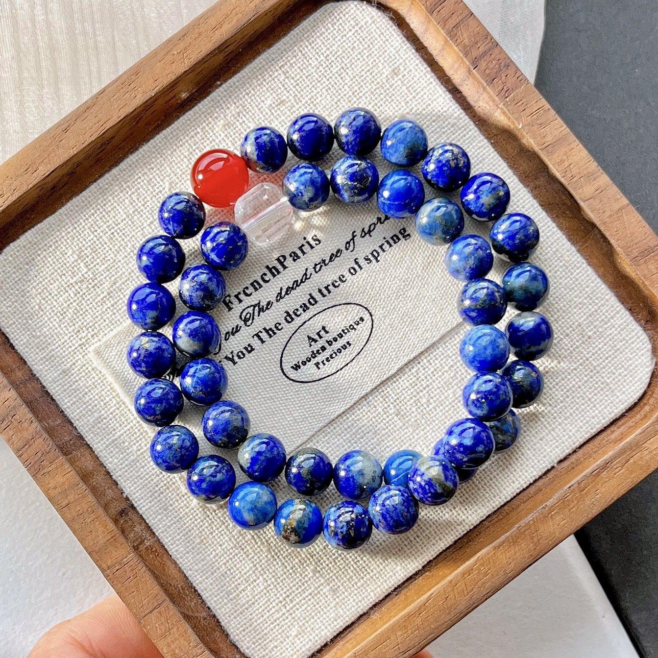 Vintage 8Mm Natural Lapis Lazuli White Crystal Carnelian Design Multi-Loop Bracelet