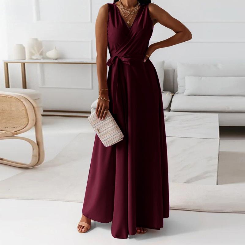 2025 Summer Lace-Up Solid Color V-Neck Evening Long Dress