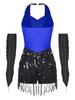 Womens Latin Dance Leotard Halter Sleeveless Backless Sparkling Sequins Tassel Design with Metallic Gloves Performance Wear