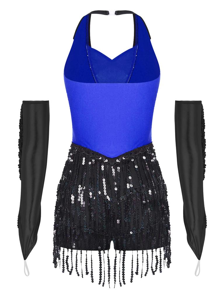 Womens Latin Dance Leotard Halter Sleeveless Backless Sparkling Sequins Tassel Design with Metallic Gloves Performance Wear