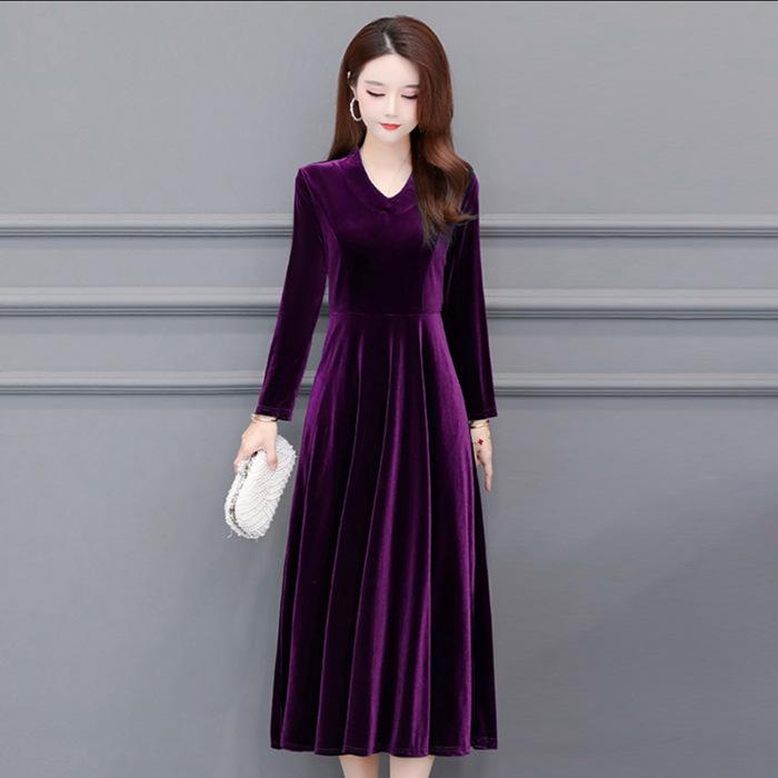 Velvet Vintage Women Maxi Dress OL Style Oversize Round Neck Long Sleeves Evening Dress Slim Fit Pleated Bodycon Prom Dress