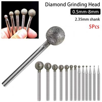 5Pcs Carve Precision Diamond Grinding Head 0.5mm-8mm Round Electric Grinder Parts 2.35mm Shank Carving Tool