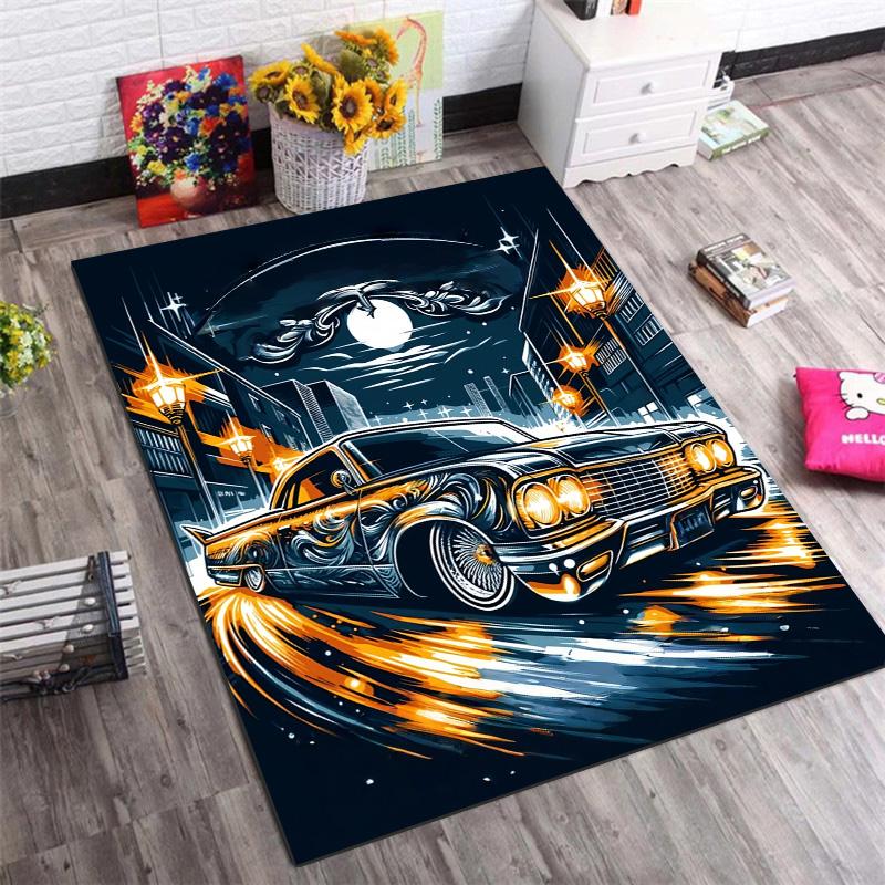 Night City Classic Lowrider Comic Print Area Rug Non‑Slip Rectangular Floor Mat Auto Art Decor for Gaming Bedroom Living Room