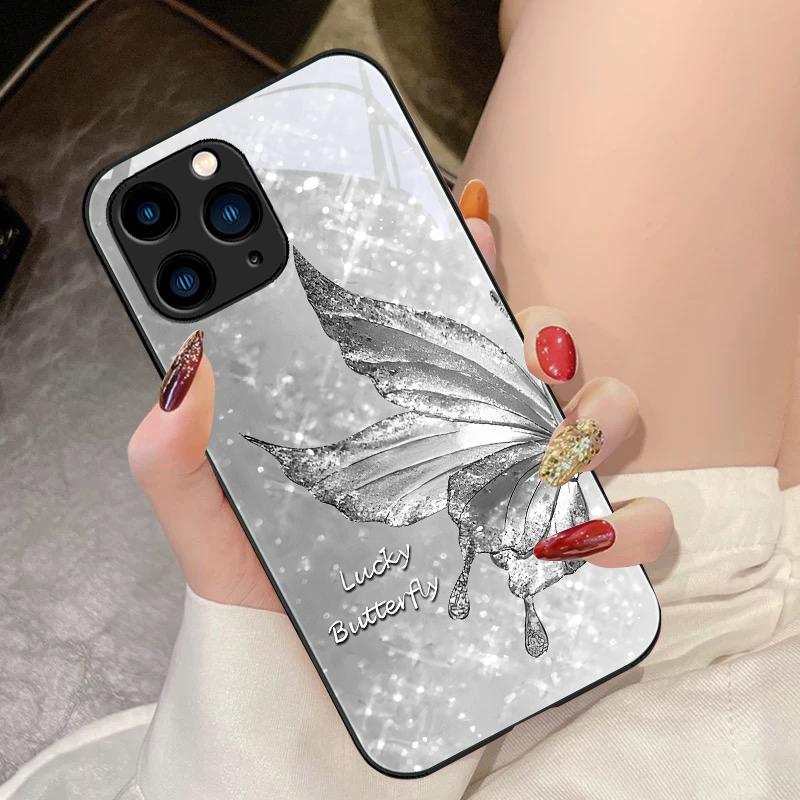 Dreamy Butterfly Far Peak Blue For IPhone 15 Pro 14 13 12 Mini 11 XS Max XR 7 8 Plu SE 2020 2022 Tempered Glass Phone Case