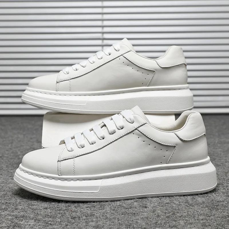 New Men Genuine Leather Casual Shoes Concise White Flat Skate Shoes Young Man Street Cool Sneaker