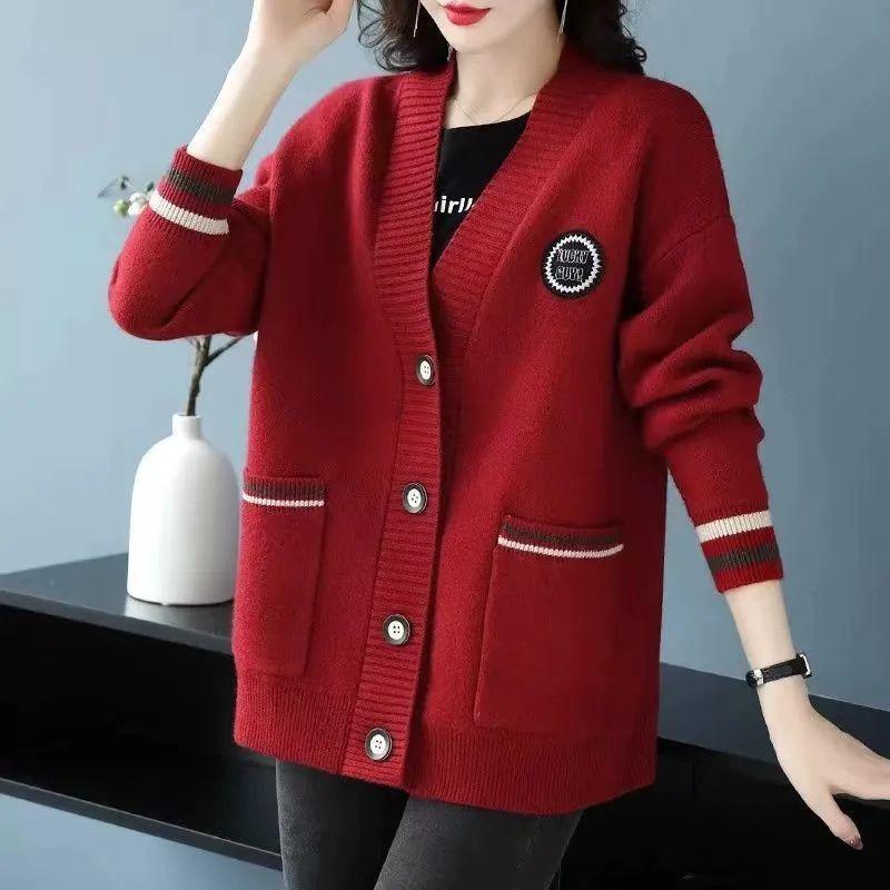 

Осенне-зимний кардиган для женщин, свободный свитер-жакет, для мамы среднего возраста, в западном стиле, верхняя вязаная кофта, толстая XXXXL вино красного