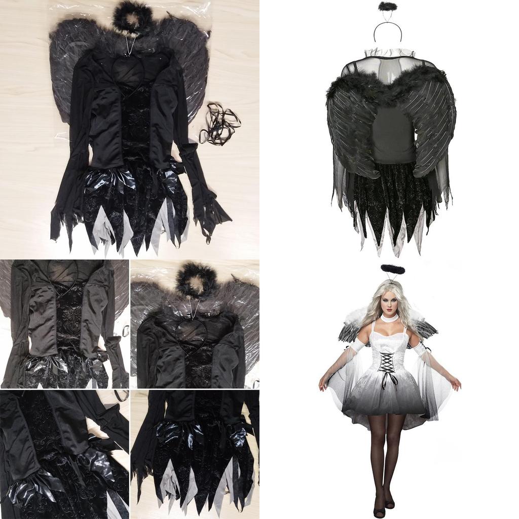 Stunning Halloween Women's Dark Angel Costume With Detachable Feather Wings And Plunging Neckline