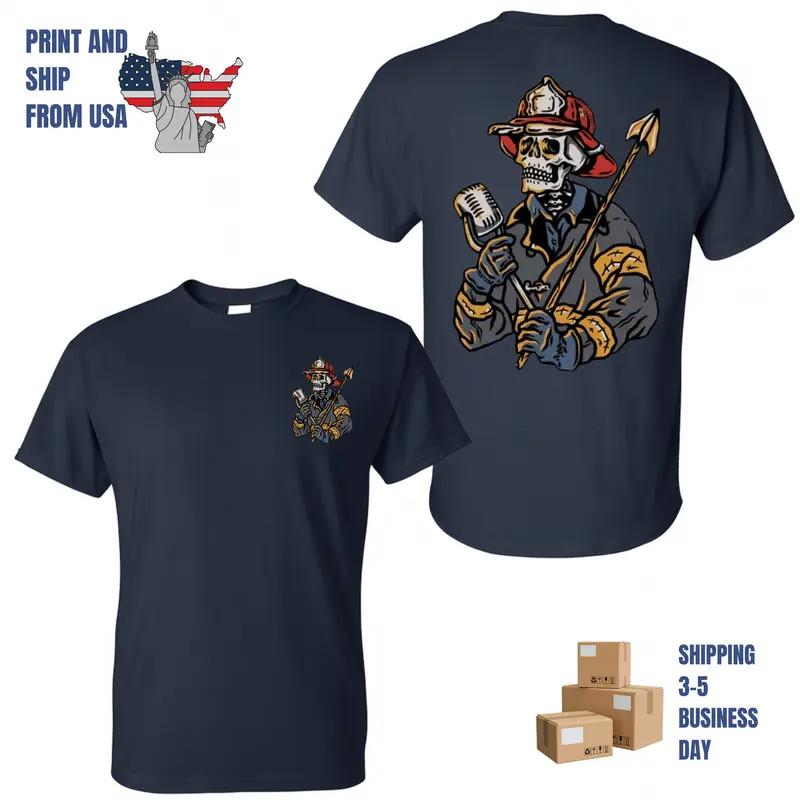 Firefighter Skull Holding Mic and Pike Pole T-Shirt, 2 Sides, dark firefighter a S