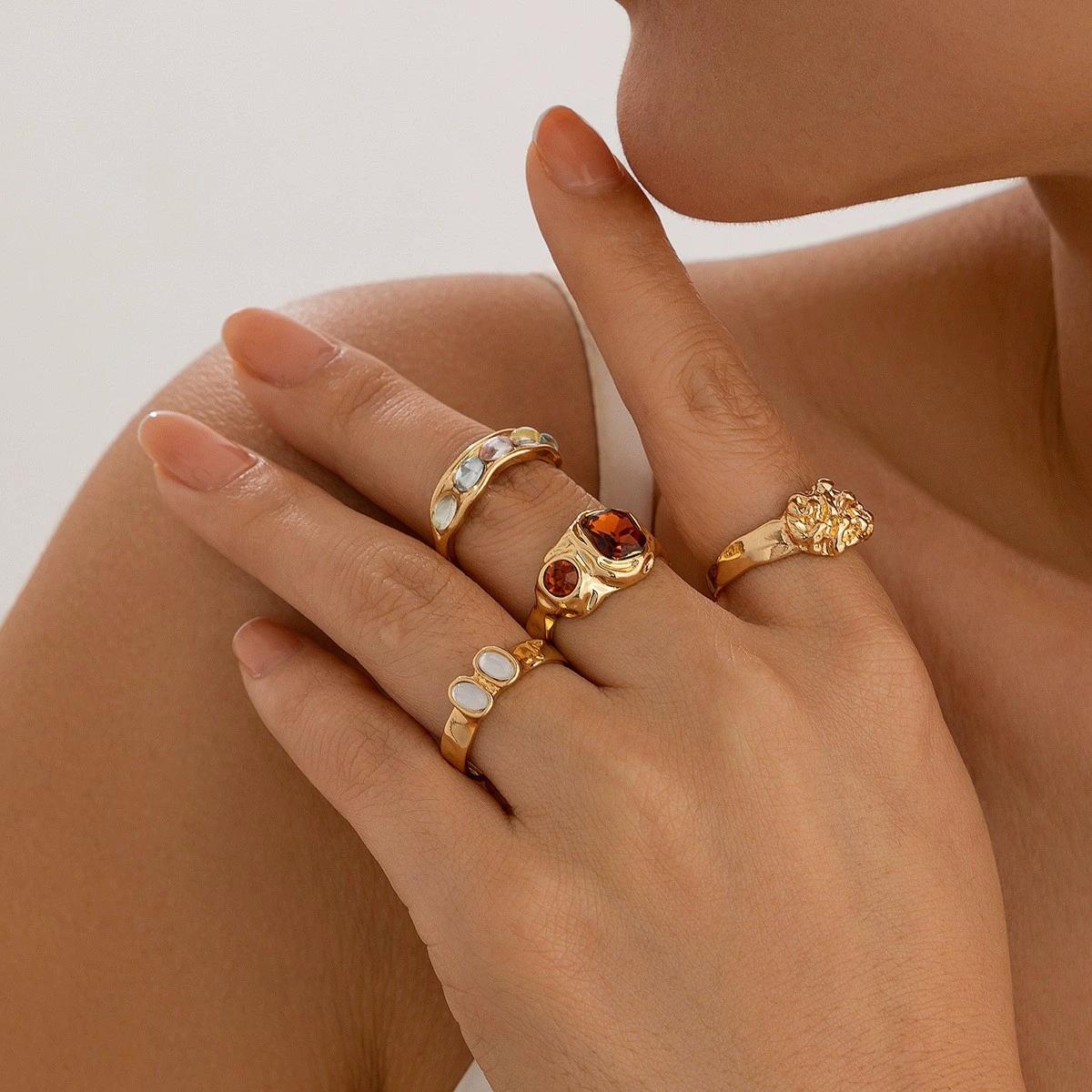 Baroque Imitation Pearl Zircon Ring Set French Exaggerated Opening Ring Flower Metal Punk Europe America Vintage Jewelry Gifts