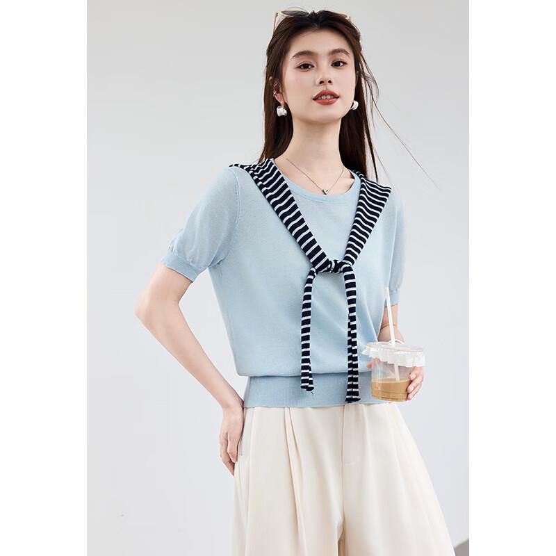 VICTORIA&VERA Women's Striped Shawl Hooded Faux Two-Piece Knit Top