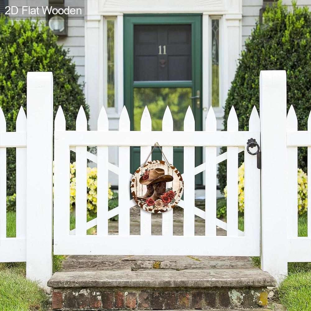 Cowboy Style Wooden Sign with Boots & Flowers Pattern - Retro Round Sign for Front Door, Wall Decor - Ideal Hanging Plaque Party Decoration
