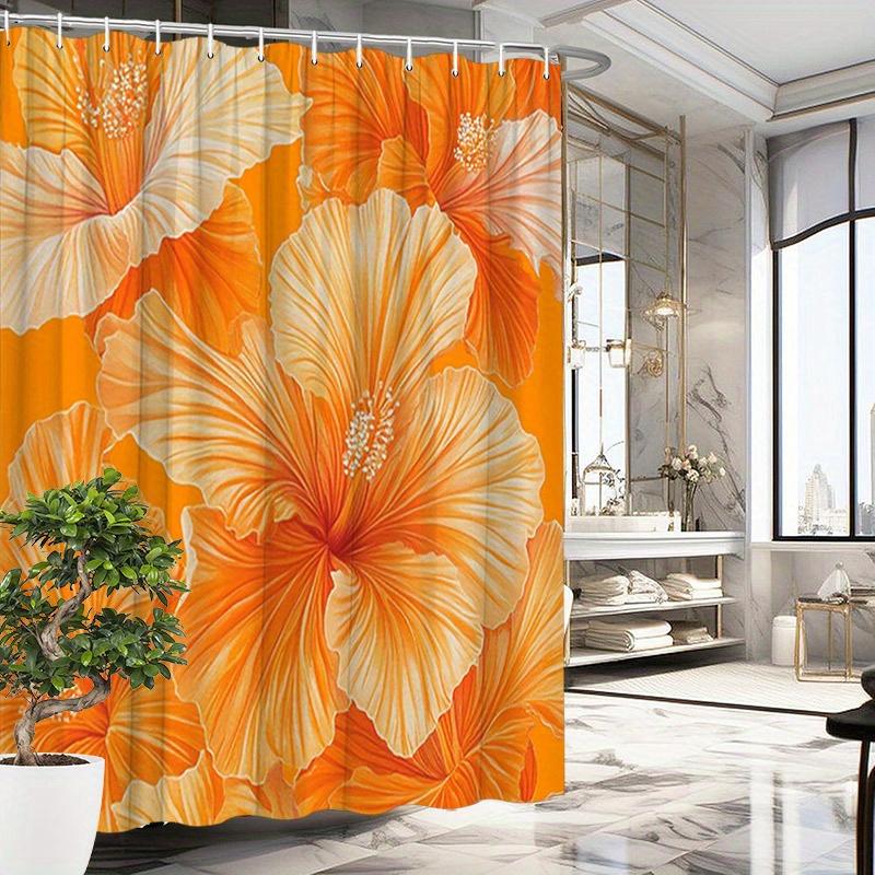 Vibrant Hibiscus Shower Curtain - Bold Orange & White, Polyester, Easy to Clean, Tropical Floral Design W90XH180cm